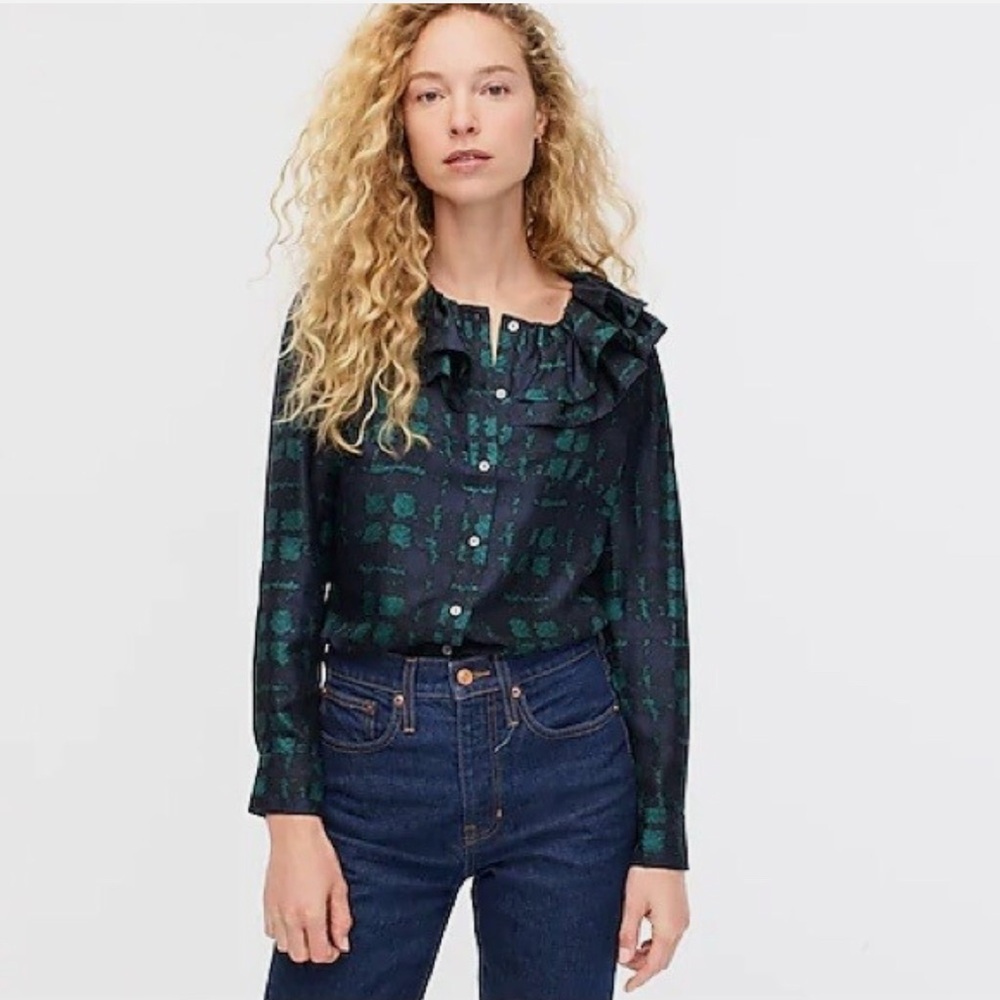 J. Crew Collection 100% silk shirt. Size S. Blue green plaid. NWT.